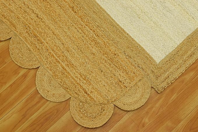 Scalloped Jute Rug, Hand Woven Runner Area Rug, 4x12 Ft Beige & Brown Braided Natural Sisal Kilim Rugs for Living Room, Kitchen, Entryway, Farmhouse