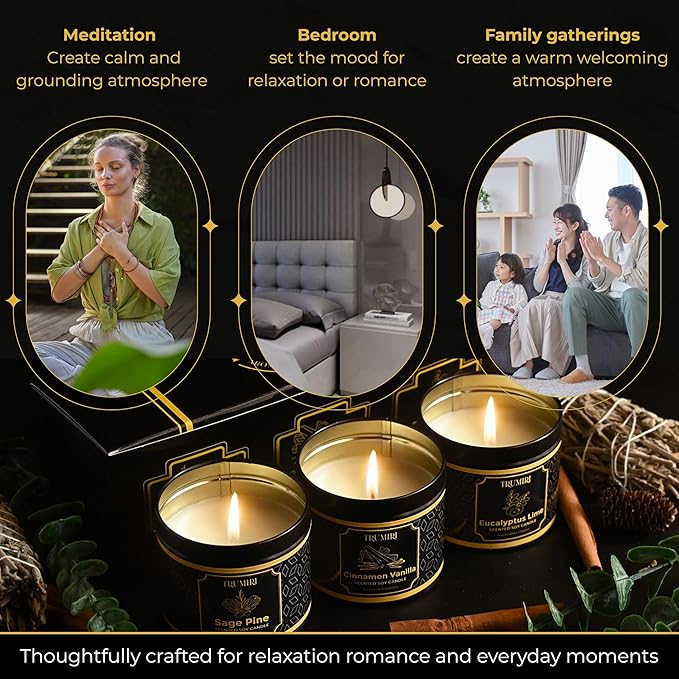 Candle Gift Set Of 3 Sage Pine|Cinnamon Vanilla|Eucalyptus Lime Highly Scented Soy Candels Clean Non Toxic Velas Aromáticas Favors For Women Coworkers Friends Guests Also For Diwali Christmas Holidays
