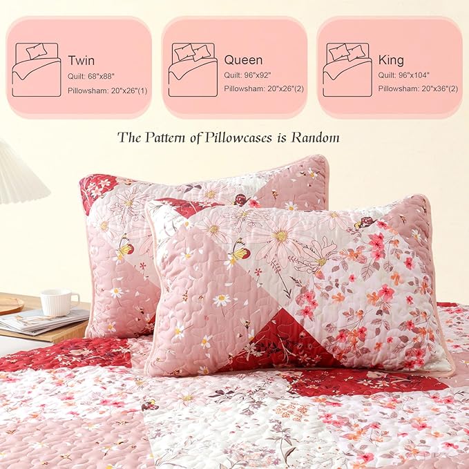 Whale Flotilla Patchwork Quilt King Size, Extra Soft Boho Floral Bedspreads for Bed Reversible Lightweight King Quilt Bedding Set Printed Coverlets with 2 Pillow Shams for All Seasons, Red