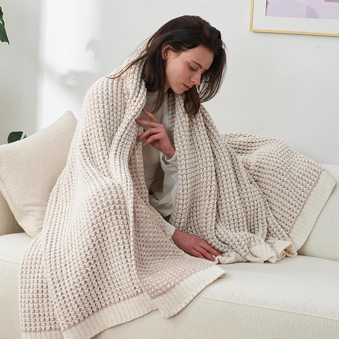 Amélie Home Waffle Chenille Throw Blanket for Couch, Pineapple Stitch Knit Soft Cozy Knit Blanket Decorative Throw for Sofa, Chair, 60"x80", Beige&Ivory