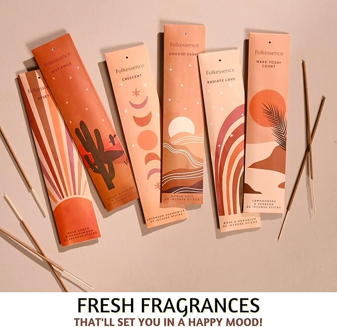 Folkulture Incense Sticks (120 Sticks) | Set of 6 Premium Incense for Yoga, Meditation, Aromatherapy | No Charcoal, Organic, Non Toxic, 45 Mins, Long Burning Palo Santo, Sandalwood, Insence-Sticks