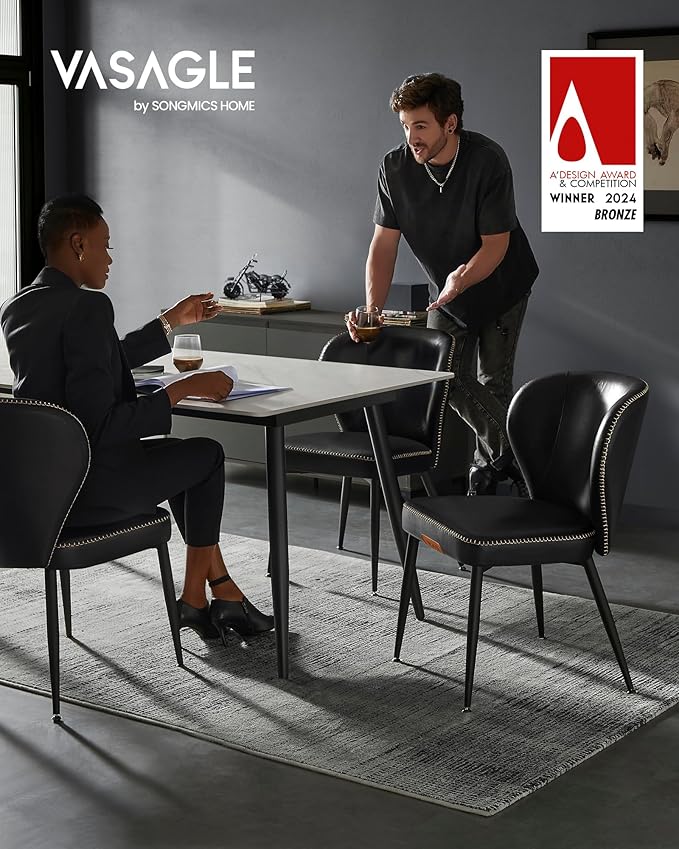 VASAGLE EKHO Collection - Dining Chairs Set of 6, Upholstered Kitchen Chairs, Comfortable Seat, Synthetic Leather with Stitching, Mid-Century Modern, Easy Assembly, Living Room Lounge, Ink Black