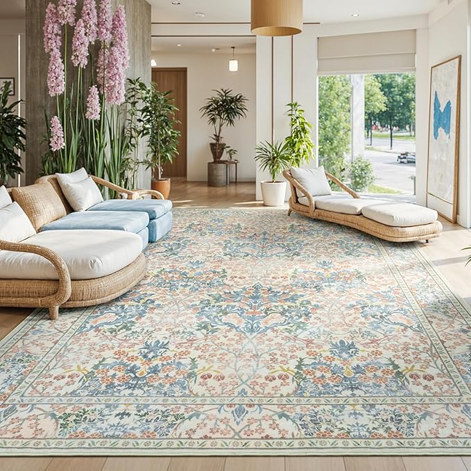 Lessymo Floral Washable Rugs 8x10, Faux Wool Soft Area Rugs for Living Room Bedroom, Boho Non-Slip Forest Stain Resistance Large Carpet for Dining Room Home Office, Beige Brown