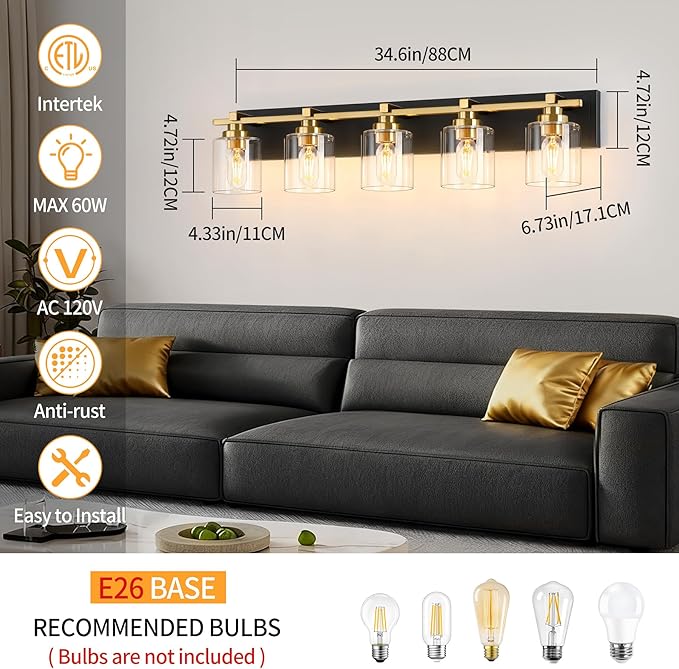 5 Light Modern Bathroom Light Fixtures Over Mirror, Black Gold Vanity Lights for Bathroom Wall Sconces with Clear Glass Shades, E26 Socket (Bulbs Not Included)