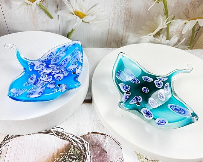 Crystal Devil Fish Figurine Hand Blown Glass Manta Ray Statue Collectibles Ocean Art Sea Animal Home Table Decor Gift Blue 4.7''