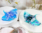 Crystal Devil Fish Figurine Hand Blown Glass Manta Ray Statue Collectibles Ocean Art Sea Animal Home Table Decor Gift Blue 4.7''