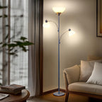 Brightech Sky Dome Double LED Floor lamp, Torchiere Super Bright Floor Lamp with 2 Reading Lamps for Living Rooms & Offices - Dimmable Tall Standing Lamp for Bedroom Reading - Tall Silver Pole