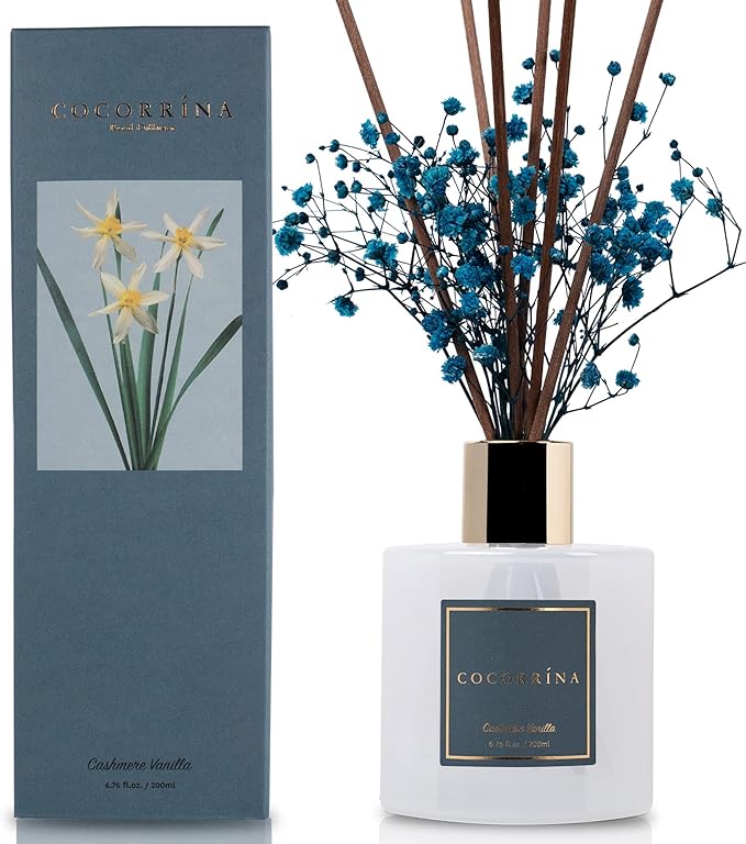 Cocorrína Premium Reed Diffuser Set with Preserved Baby's Breath, Cashmere Vanilla | 6.7 fl oz Reed Diffuser for Bedroom Bathroom Home Décor