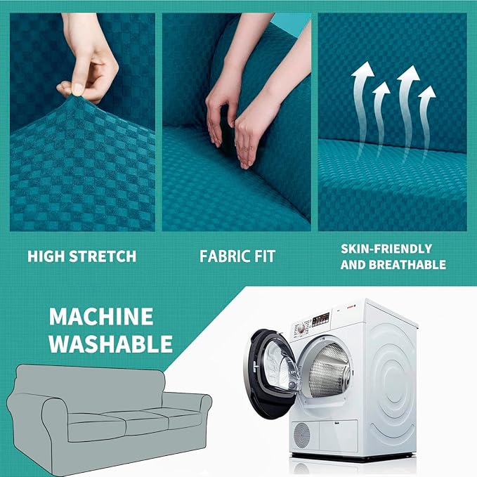 YEMYHOM Latest Checkered 4 Pieces Couch Covers for 3 Cushion Couch High Stretch Thickened Sofa Cover for Dogs Pets Elastic Slipcovers Living Room Furniture Protector (Teal), 71"-91"(3 Cushions)
