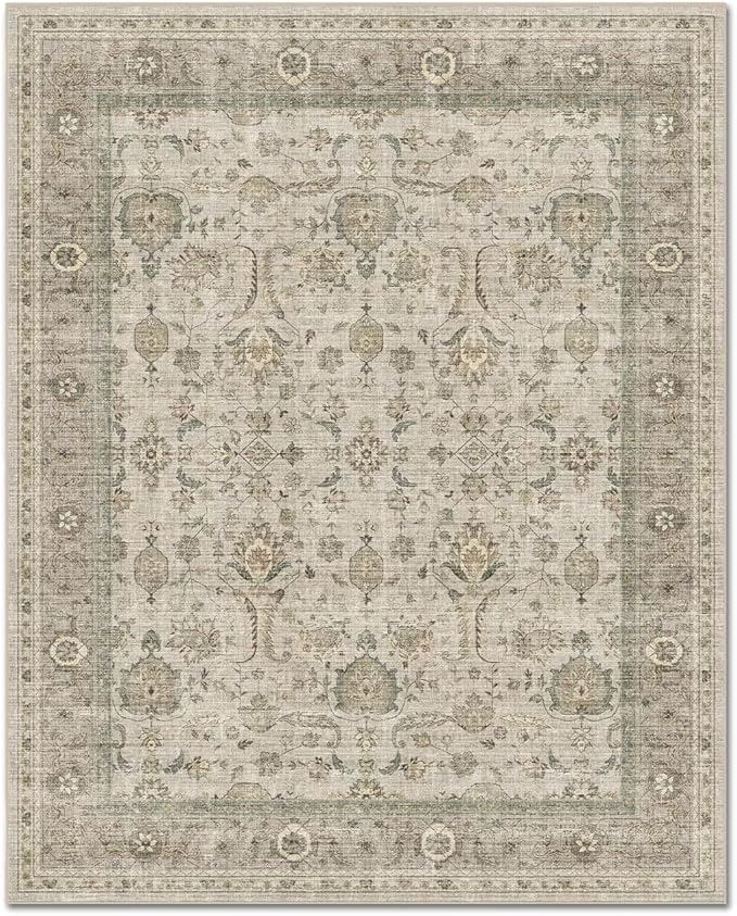 Washable 9x12 Area Rugs for Living Room, Boho Non-Slip Vintage Distress Lager Rugs for Bedroom Dining Room Nursery Office, 0.3" Neutral Oriental Throw Thin Carpet, Flaxen/Brown/Multi