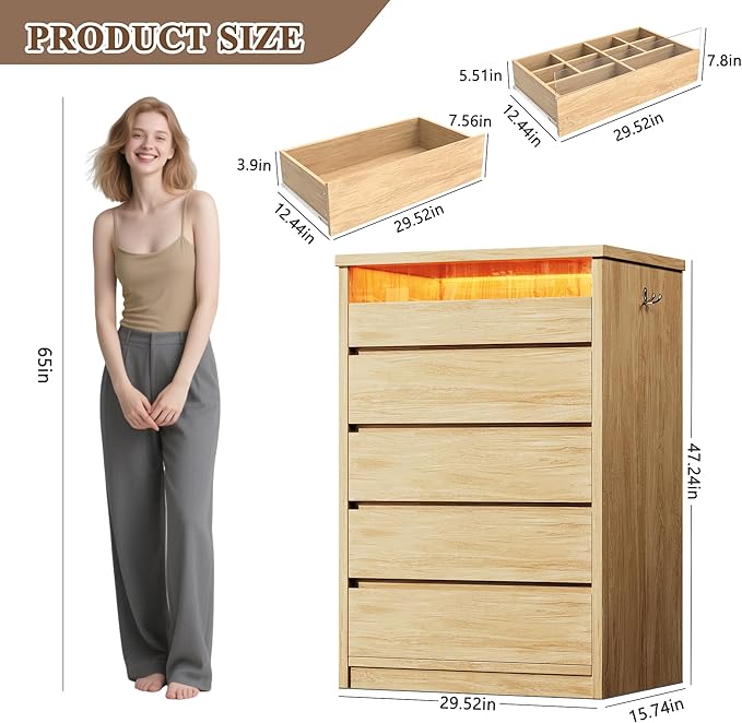 Larger Oak 5 Drawer Dresser for Bedroom with LED Light, Modern Chest of Drawers with Hidden Handles, Tall Wooden Dresser Closet for Living Room, Entryway, Hallway - Oak