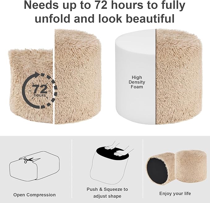 Hansleep Round Pouf Ottoman Foot Rest, 20 x 15 Small Faux Fur Stuffed Pouf for Chair, Foam Filled Foot Stools Ottomans for Living Room, Brown