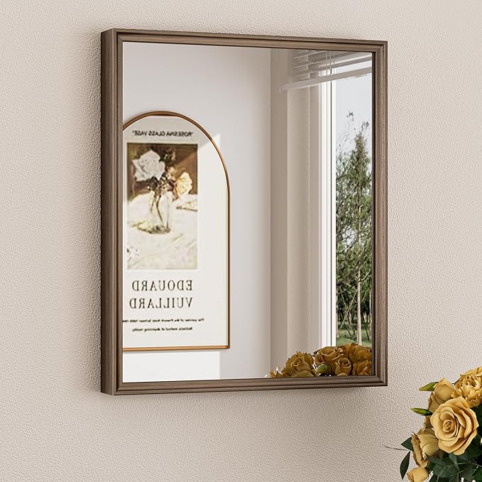Keonjinn 16 x 20 Inch Small Stainless Steel Framed Mirror, Brushed Bronze Bathroom Vanity Mirror, Anti-Rust, Curved Edge, Shatter-Proof Tempered Glass, Square Rectangle Wall Mirrors for Over Sink