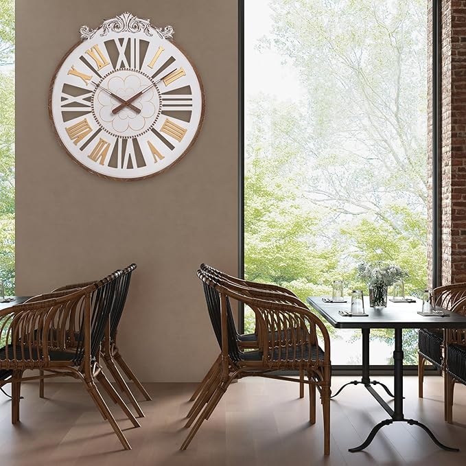 24 Inch Large Farmhouse Wall Clock - Rustic Antique Wood with Metal Circle & Engraved Numerals, Silent Battery Operated Clock for Living Room, Office, Kitchen, Bedroom