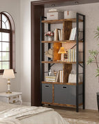 Armocity Bookshelf with Drawers - 5 Tier Tall Bookcase Geometric Modern Book Shelf Display Standing Bookshelves with Storage for Living Room, Bedroom Home Office, Rustic Brown