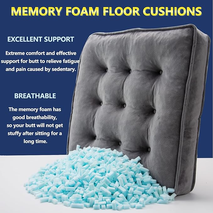 Floor Pillow Set of 4, Memory Foam Meditation Cushion, Floor Cushions for Adults Sitting, Large Square Seat Cushions for Yoga, Living Room, 20x20 Inch (Grey)