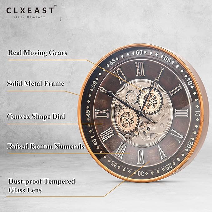 CLXEAST 24 Inch Wall Clock with Moving Gears,Oversized Large Industrial Steampunk Clock, Antique Gold Metal Roman Numeral Wall Clocks for Farmhouse Living Room Decor,Valentines Day Gifts