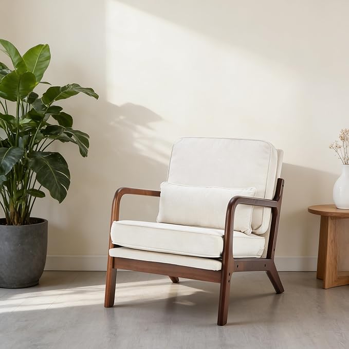 Simple Deluxe Mid-Century Modern Wood Accent Chair & Cozy Reading Chair, Upholstered Living Room Chair with Waist Cushion, Solid Wood Chair with Pillow for Bedroom, Beige
