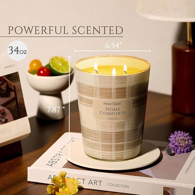 HomeLights Scented Candles | Large Jar 34 Oz Natural Soy Candle | 130 hrs Long-Lasting with 3 Wicks | Rustic Modern Home Decor | Gifts for Mom & Women, Home Comforts