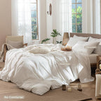 MooMee Striped Duvet Cover Set 100% Washed Cotton Linen Like Textured Breathable Durable Soft Comfy (White Almond Milk Grey Wide Stripes, Full 80"x90")