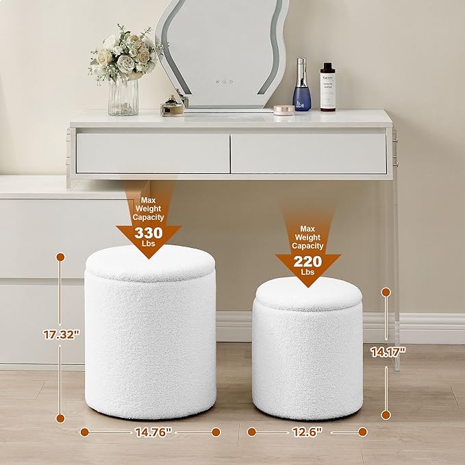 Round Set of 2 Ottoman with Storage, Boucle Storage Ottoman Foot Stool, Soft Teddy Upholstered Small Vanity Stool, Ottomans Coffee Table Padded Seat Foot Rest for Living Room Bedroom, White