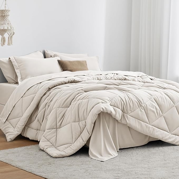 Love's cabin Queen Comforter Set Off White, 7 Pieces Queen Bed in a Bag, All Season Bedding Sets with 1 Comforter, 1 Flat Sheet, 1 Fitted Sheet, 2 Pillowcase and 2 Pillow Sham