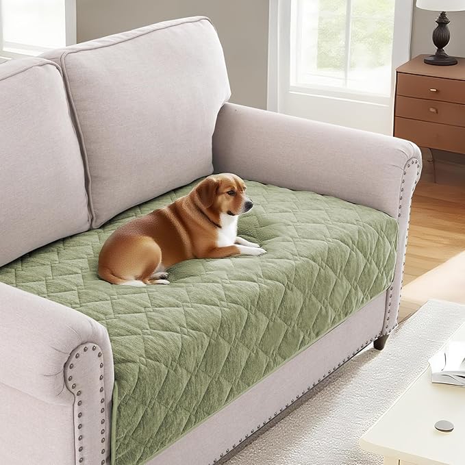H.VERSAILTEX Couch Cover Chenille Pet Fuzzy Sofa Covers for 2 Cushion Couch Anti Slip Washable Sofa Slipcovers with Strap Soft Couch Protector Cover for Dogs Cats Kids(36" x 63", Tender Green)