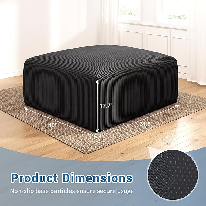 40" Square Stuffed Ottoman Pouf for Sofa Couch, Corduroy Poufs with Foam Chunk Filling, Furry & Fluffy Pouf Footstool Movable Ottoman. 40*31 Floor Poufs Foot Rest for Living Room, Black(2 Piece Set)
