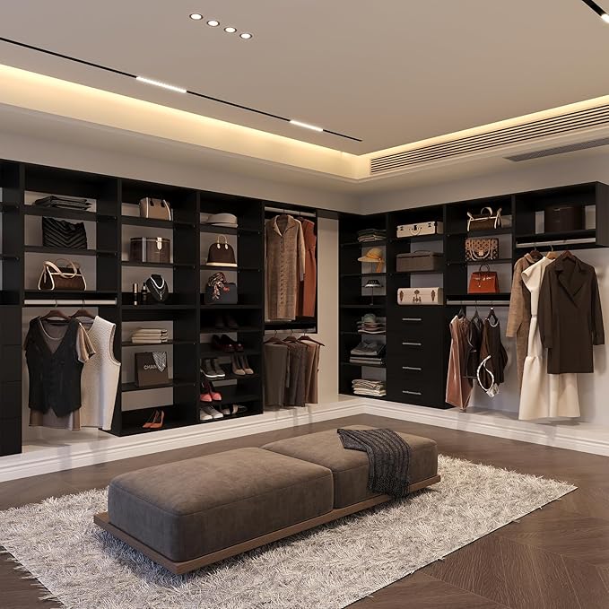 Modular Closet Organizer - 60" Wide Tower with Hanging Shelves, Wall-Mounted Wardrobe Kit for Walk-In Closets, Black
