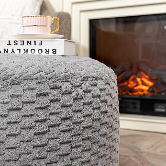 Fur Ottoman Stool Unstuffed Footstool Cover Pouf Foot Rest 20x20x12 Inches Round Poof Seat Floor Bean Bag Chair Foldable Storage for Living Room Bedroom Solid Grey