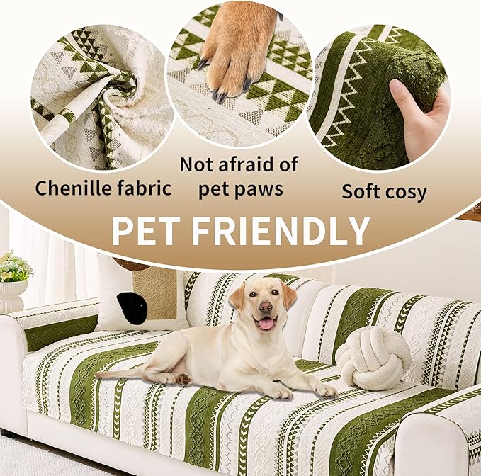 HAOMAIJIA Boho Couch Covers for Sofa, Waterproof Couch Cover for Dogs Soft Chenille Jacquard Non Slip Sofa Covers for Pets Washable Couch Protector (Sage Green, 36.5" x 62" 1 Pack)