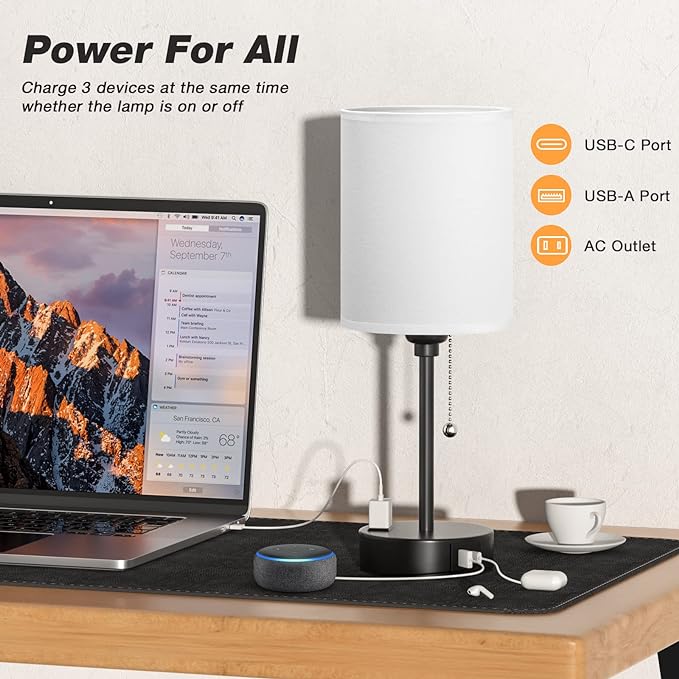 Small Bedside Table lamp for Bedroom - 3 Color Temperatures Bedside Lamps with USB C and A Ports, Pull Chain Table Lamps with AC Outlet, White Nightstand Lamps with Black Metal Base for Kids Reading