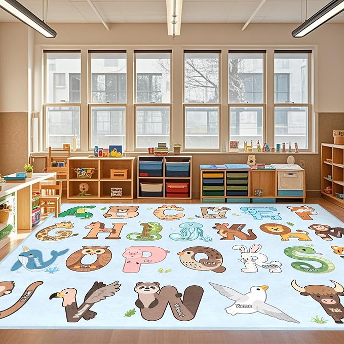 ABC Kids Rugs for Playroom - 9x12 Feet Large Classroom Rug for Kids Preschool Educational Learning Animal, Alphabet Rugs Children Toddler Nursery Kindergarten Decor, Blue