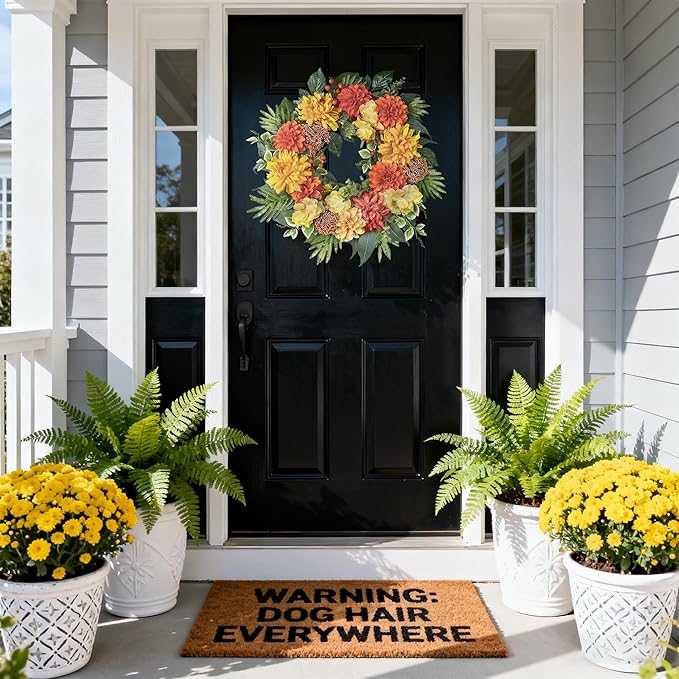 24-Inch Spring Wreath for Front Door with Hydrangeas Dahlias Daisy Silk Flowers and Berry Greenery for All Seasons Indoor Outdoor Wedding Farmhouse Porch Wall Living Room Home Wedding Decor