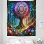 Ambesonne Nature Tapestry Twin Size, Wonderland Forest Tree Trippy Mandala Floral with Butterfly Ensemble Dream, Wall Hanging Bedspread Bed Cover Wall Decor, 68" X 88", Indigo Green Aqua
