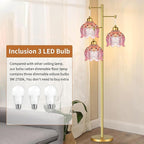 Glass Floor Lamp for Living Room,Bedroom,Gold Flower Mid Century Modern Standing Lamp Brass Tree 3 Light Tall Floor Lamps Vintage Floor Lights Pink Lamp Shade Farmhouse Boho Bohemian