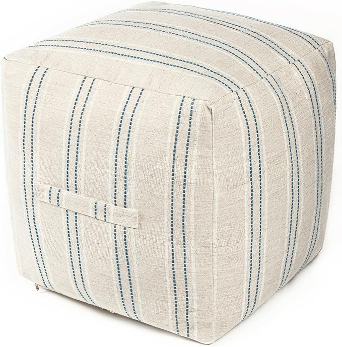AELS Unstuffed Farmhouse Pouf Cover for Living Room, Boho Storage Bean Bag Cubes, Beige with Navy Blue Stitch Yarn Dyed Stripe Square Ottoman Pouf Foot Rest Footstool, 18"x18"x18", Cover ONLY