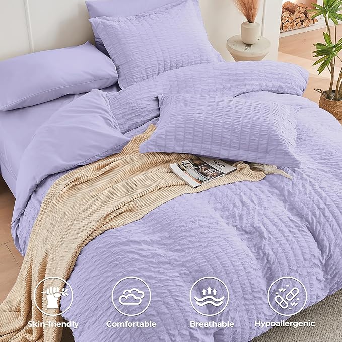 HYMOKEGE Light Purple Twin XL Comforter Set Seersucker 5 Pieces, All Season Luxury Bed in a Bag for Bedroom, Bedding Set with Comforter, Sheets, Pillowcase & Sham