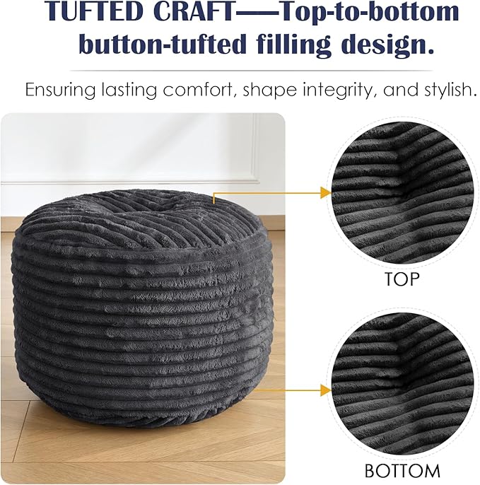 Round Pouf Ottoman,Corduroy Poufs with Memory Foam Filling for Foot Rest,Soft Footstool for Living Room,20"x 17",Dark Grey