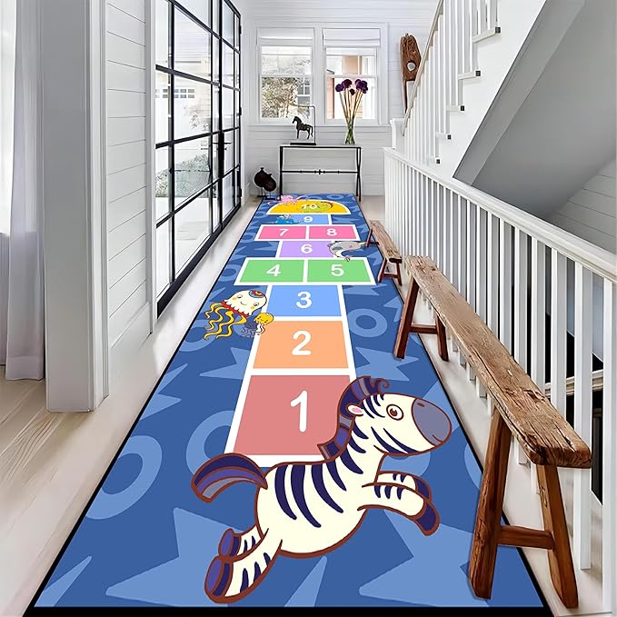 Hopscotch Carpet for Bedroom, 4x12ft, Zebra Jellyfish Animal Print Indoor Throw Rug, Cartoon Blue Runner Rug for Kids Room, Thin Low Pile Breathable Non Slip Rugs for Classroom Playroom