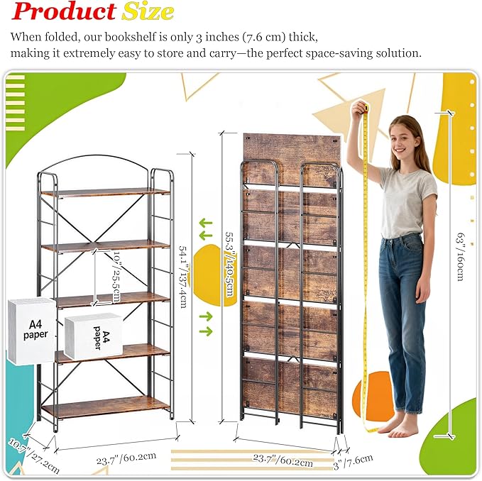 UDD Folding Bookshelf No Assembly, 54.1"H x 23.7"W, 5 Shelf Foldable Bookcase Industrial Collapsible Bookshelves, Open Storage Book Shelves for Small Spaces Home Office Living Room, Rustic Brown Black