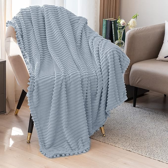 DISSA Fleece Blanket Queen Size – 71x80, Grey – Soft, Plush, Fluffy, Fuzzy, Warm, Cozy – Perfect Throw for Couch, Bed, Sofa - with Pompom Fringe - Flannel Blanket
