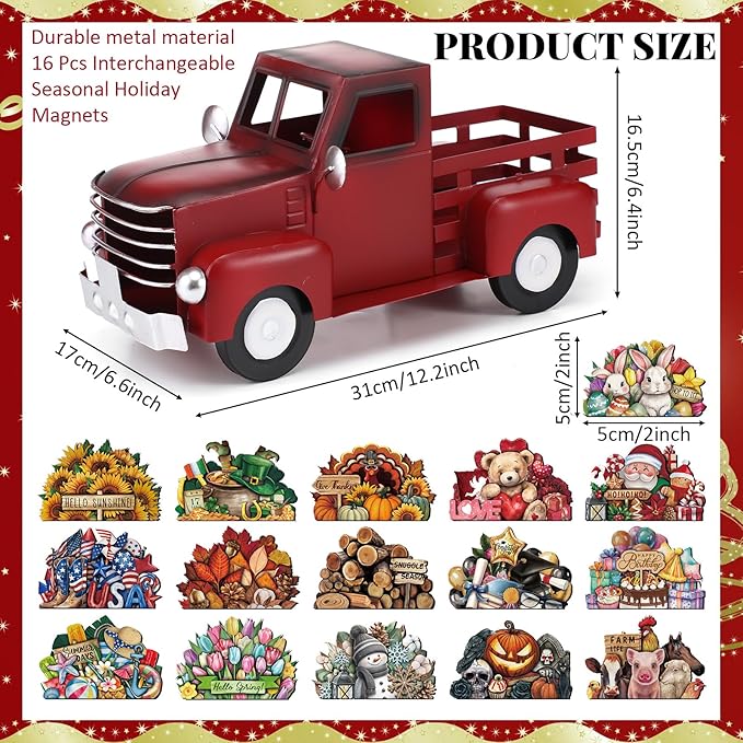 Valentines Day Truck Decor 12.2 Inch Farmhouse Vintage Metal Truck with 16 Magnet Valentines Table Decoration for Home Kitchen Spring Mantel Holiday Interchangeable Seasonal Decor(Red)