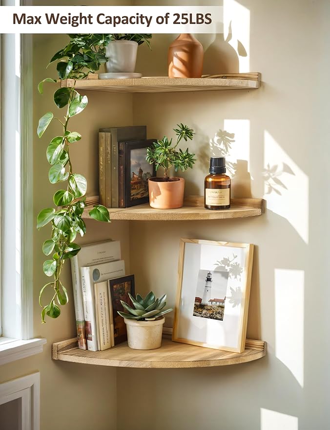 Corner Shelves Wall Mount, Farmhouse Rustic Corner Floating Shelf with Cord Hole, Wooden Storage Organizer Corner Wall Shelves for Kitchen Bathroom Living Room Bedroom Laundry, 12x12 Inch