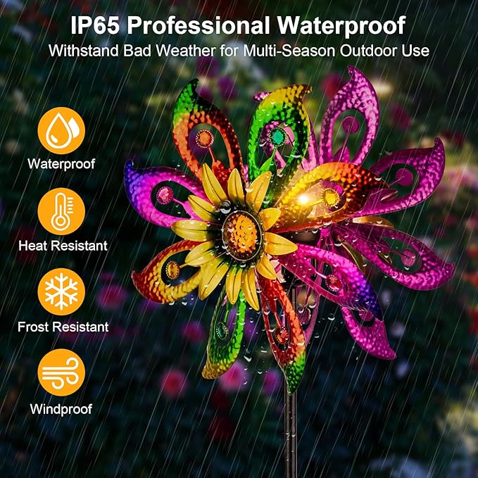 Solar Wind Spinner, 60.6 Inch Outdoor Metal Stake Yard Spinners, Sunflower Garden Outdoor Decor Yard Lawn Art Decor for Patio Kinetic Windmills Unique Gifts for Friends and Family