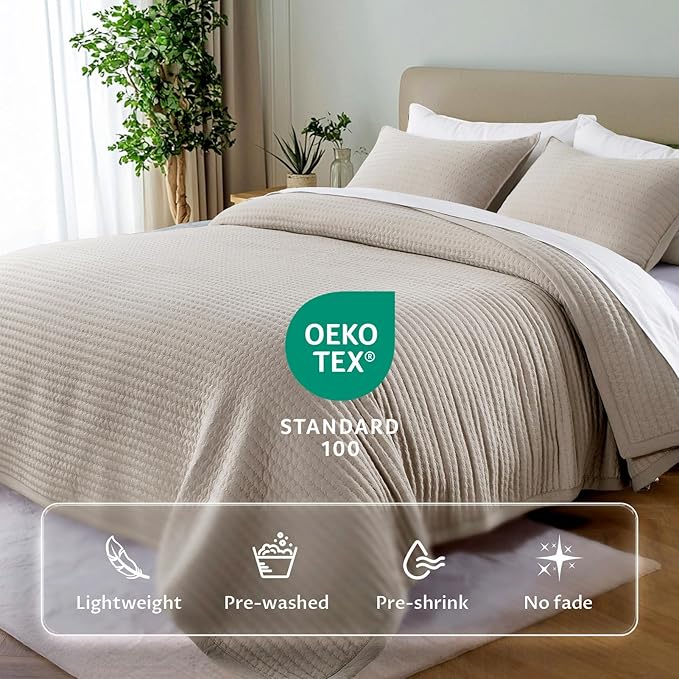 Oversized King Quilt Set 112"x106" – Soft Washed 3-Layer Lightweight California King Bedspread, Minimalist Nordic Design, All-Season Spring & Summer Quilt Set (1 Quilt + 2 Pillow Shams),Light Taupe