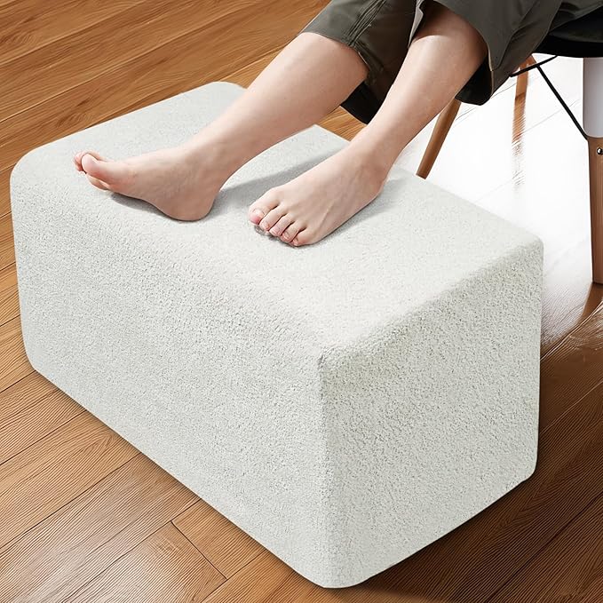 Rectangular Stuffed Pouf Ottoman with Foam Chunk Filling, Furry Fabric Design, Multi-Functional Floor Pouf for Living Room, White