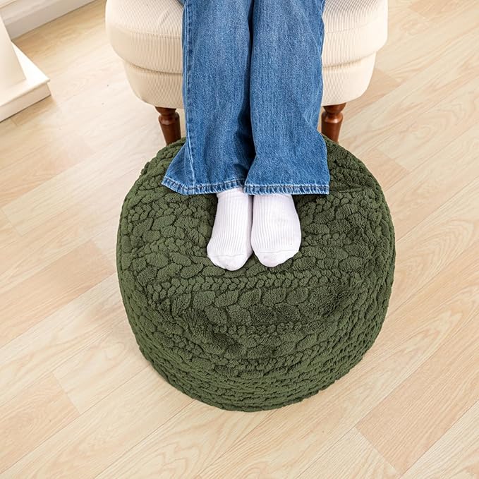 Unstuffed Ottoman Pouf Cover – Round Faux Fur Footstool Plush Floor Pouf (No Filler Included) Perfect for Living Room, Bedroom, or Office Lounge (Green, 20x20x15 in)