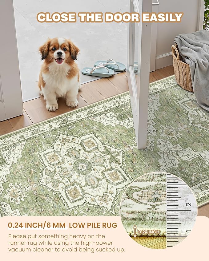 Hallway Runner Rug 2x12, Extra Long Washable Runner Rugs with Rubber Backing, Non Slip Runner, Vintage Rug Runners for Kitchen Laundry Room Entryway (Light Green,2'x12')