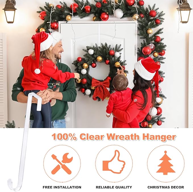 15" Clear Wreath-Hanger Non Scratch Over The Door Hooks,2 Pack Wreath-Door-Hanger Easter Halloween Christmas Decoration,Welcome Sign for Front Door Décor Inside Outside,Slim Hangers Organizer for Home